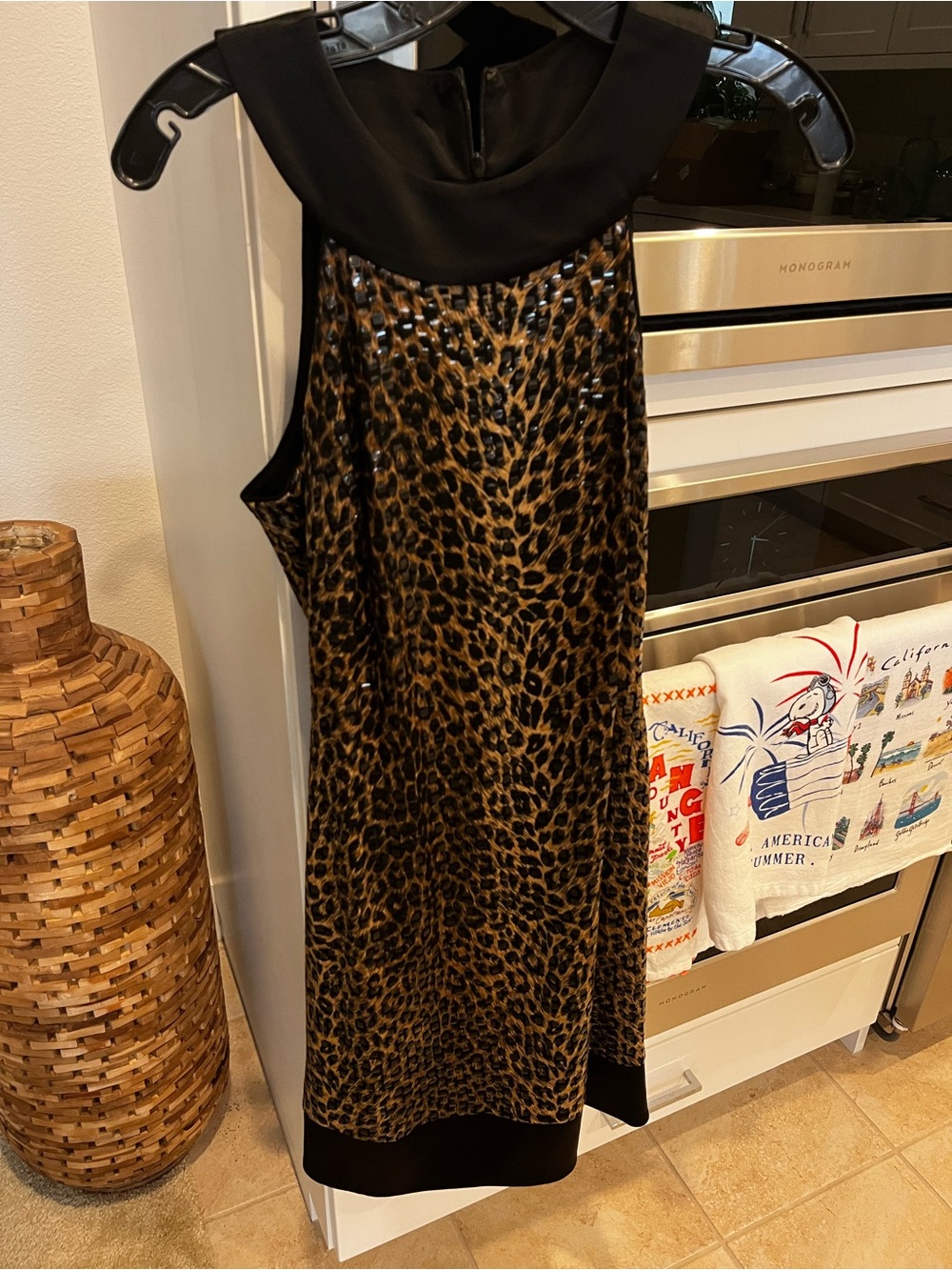 Cache Women’s Leopard Print Shift Dress with Black Satin Trim